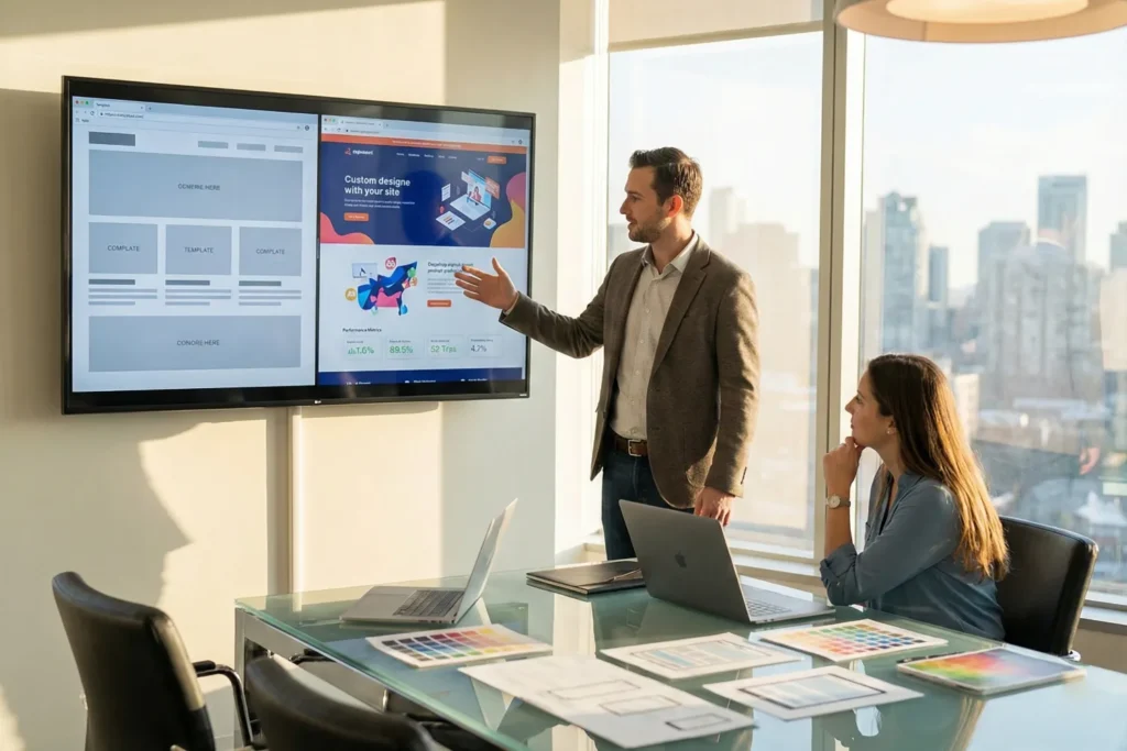 A web developer stands in a modern meeting room while showing a businesswoman two different website designs on a large screen. One preview looks like a generic template, while the other appears fully bespoke with stronger branding and flexibility.