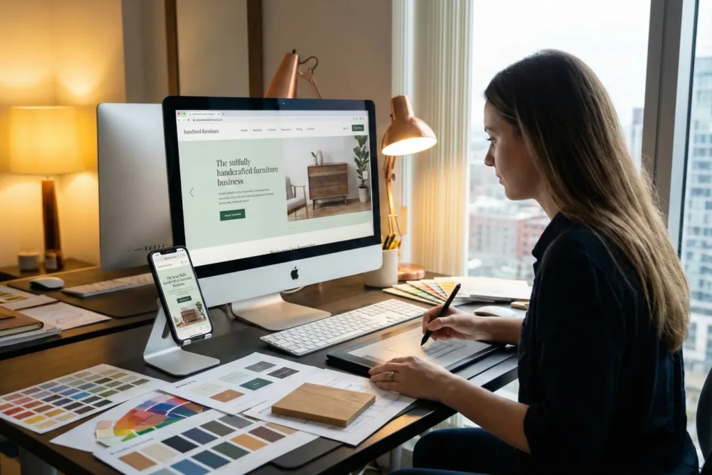 A web designer sits at a colourful studio desk while working on a unique website layout that looks professional and authentic. A smartphone beside the monitor shows the same site perfectly adapted for mobile use with smooth navigation.