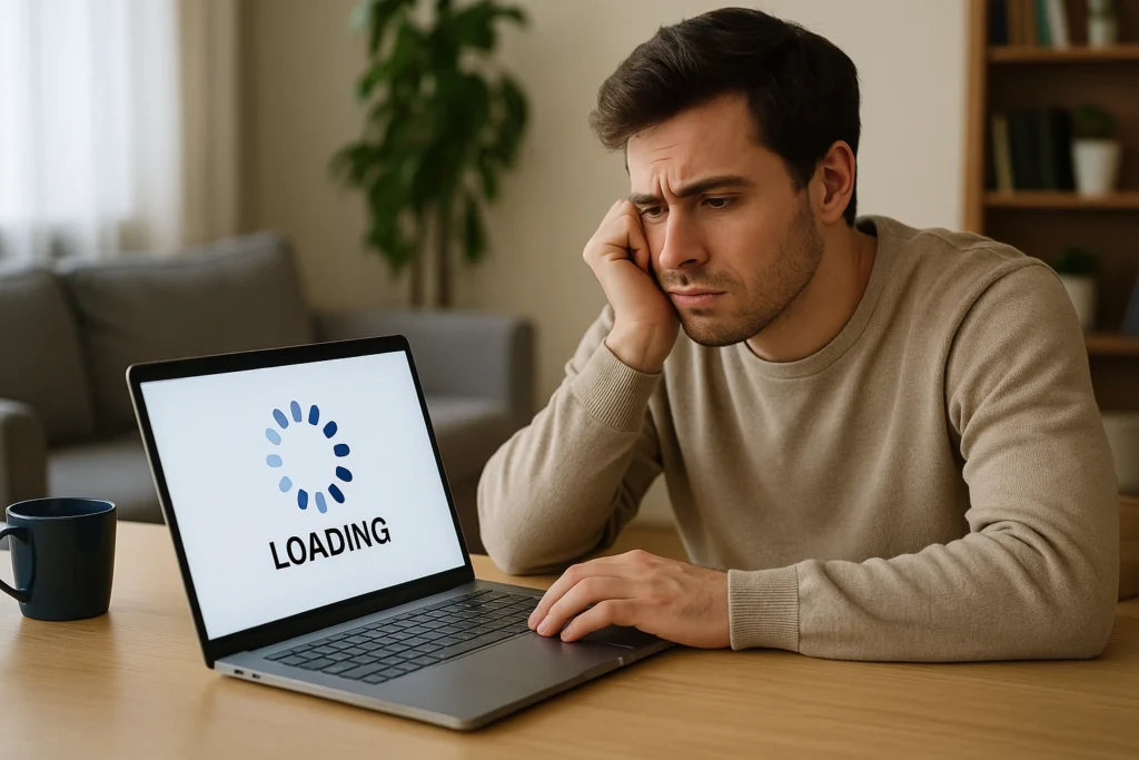 Frustrated man waiting for slow website to load